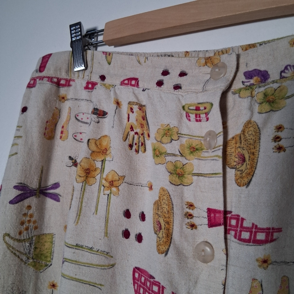 Vintage Skirt Printed Gardening Theme Linen blend Summer Retro - Picture 7 of 15